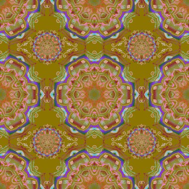 Halılar, tekstil, duvar kağıtları ve herhangi bir yüzey için şablonlar. Yeşil ve pembe süslemelerden oluşan kusursuz bir desen. Doğulu, süslü.