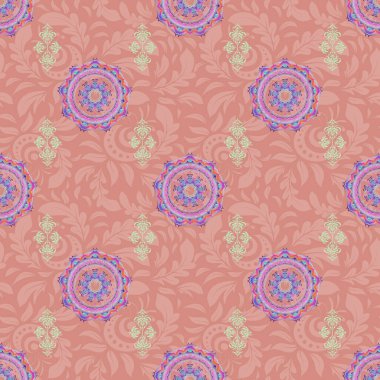 Mavi ve turuncu soyut çiçek süsü, soyut dekoratif elementlerin pürüzsüz deseni..