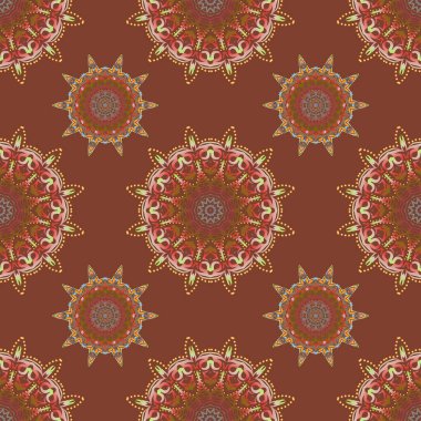 Kahverengi bir arkaplanda çok renkli vektörlerin pürüzsüz deseni.