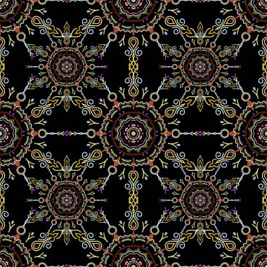 Süslü sınır. Vektör kusursuz desen. Kusursuz kumaş deseni, klasik duvar kağıdı, yeşil, nötr ve sarı arka planda..