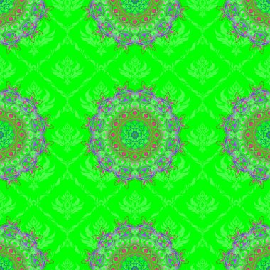 Zarif menekşe, yeşil ve pembe pürüzsüz desen ve Mandala elementleriyle.