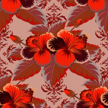 Tropikal amber çiçeklerinin, sık ormanların vektörsüz desenleri. Tropik yaz motifli pembe ve kırmızı renkli desenler doku, ambalaj kağıdı ve tekstil tasarımı olarak kullanılabilir. El boyası..