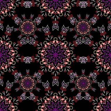 Klasik lüks, eski moda İspanyol süsü, duvar kağıtları, tekstil ve ambalaj için kraliyet Victoria dönemi dikişsiz dokusu. Çok renkli karalamalı zarif barok şablonu. Vektör damaskesiz desen