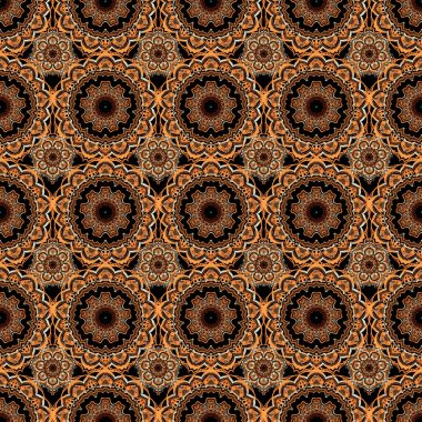 Kraliyet duvar kağıdı. Damask 'ta turuncu, kırmızı ve kahverengi renklerde çiçek deseni var. Siyah arkaplandaki soyut çiçekler. Vektör stili süs.