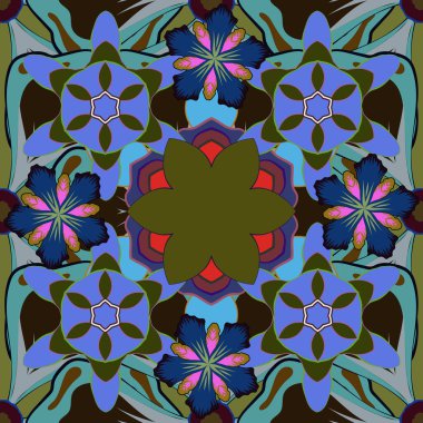 Vektör çizimi. Kızlar ve kadınlar için tişört grafikleri. Tropikal bir tişörtte güzel bir iz var. Mavi, kahverengi ve yeşil renklerde kusursuz desen.