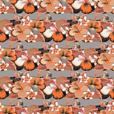 Hawaii tropikal doğal turuncu, kahverengi ve pembe renklerde çiçeksiz desen. Modaya uygun bir şekilde turuncu, kahverengi ve pembe amber çiçekleri.