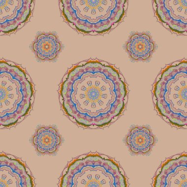 Yeşil, sarı ve pembe süslemelerden oluşan kusursuz bir desen. Doğulu, süslü. Halılar, tekstil, duvar kağıtları ve herhangi bir yüzey için şablonlar.