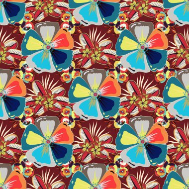 Dekoratif yaz kozmoslu kusursuz desen kırmızı, sarı ve mavi renkli çiçekler, suluboya vektör çizimi.