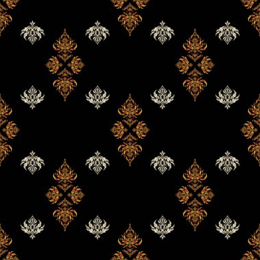 Arabesk ve soyut elementlerle doğuya özgü sarı ve kırmızı pürüzsüz desen. Siyah arkaplanda geleneksel raster süsü.