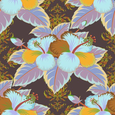 Yeşil, kahverengi ve sarı amber çiçekleri son moda vektör tarzında. Hawaii tropikal doğal çiçek deseni yeşil, kahverengi ve sarı renklerde..