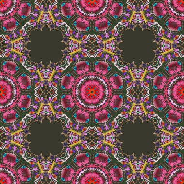 Vektör çizimi. Kusursuz damaske deseni. Yeşil, mor ve kırmızı renkte Victoria dönemi arkaplanı..