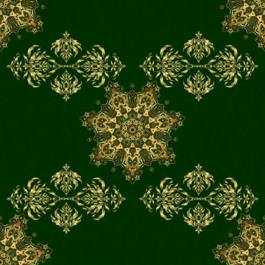 Altın rengi elementlerle güzel bir artdeco şablonu. Yeşil arka planda vektör altın ızgara. Art deco tarzı, modaya uygun klasik tasarım öğesi. Altın soyut geometrik kusursuz desen.