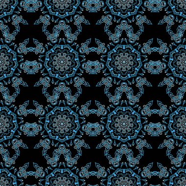 Damask, mavi renklerle kusursuz desen. Kumaş, duvar kağıdı, arkaplan, davetiye, ambalaj ve kitap kapakları için tasarım. Vektör vintage çiçek süsü. Doğulu tarzı. El çizimi illüstrasyon.