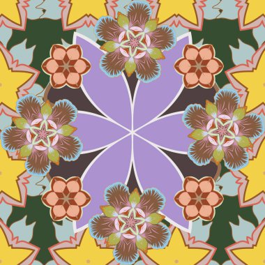 Şirin vektör çiçekli arka plan. Çiçekler, kahverengi, yeşil ve sarı renklerde pürüzsüz desenler..