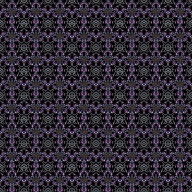 Süslü sınır. Kusursuz desen. Kusursuz kumaş deseni, klasik duvar kâğıdı, siyah arka planda mor ve mavi.
