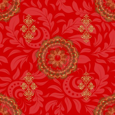 Kırmızı zemin üzerindeki altın elementlerin dokusu. Vektör altın pürüzsüz desen.