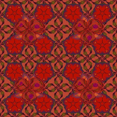 Kusursuz desen, tebrik kartı, düğün davetiyesi, doğum günü veya diğer tatiller ve yaz arkaplanı olarak kullanılabilir. Kahverengi, siyah ve kırmızı renklerde suluboya güller, soyut, stilize