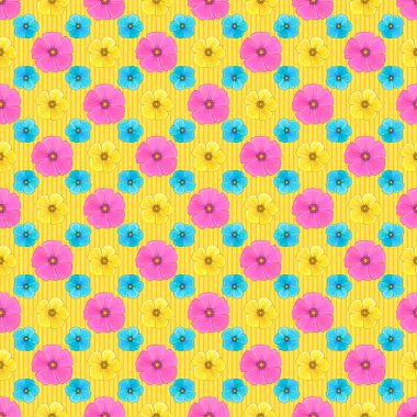 Retro tekstil tasarım koleksiyonu. Sarı arka planda kozmos çiçekli ipek eşarp. 1950-1960 motifleri. El çizimi çiçek unsurları olan soyut, pürüzsüz desen. Sonbahar renkleri.