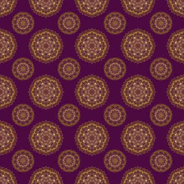 Altın geometrik süslemeli soyut mor arkaplan. Dijital kağıt, tekstil baskısı, sayfa dolumu için kullanılabilir. Geleneksel Noel renklerinde kusursuz desen.