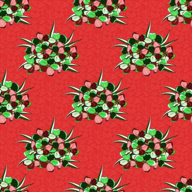 Çiçek arkaplan. Kırmızı, yeşil ve bej renklerde, şirin primula çiçekleriyle kusursuz vektör deseni.