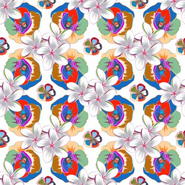 Bir sürü soyut çiçekli, tropik, pürüzsüz bir desen. Renkli, pürüzsüz illüstrasyon.