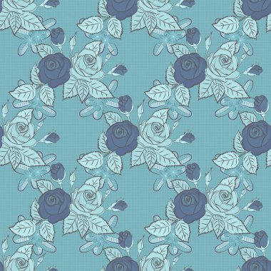 Eski tarz gül çiçekleri olan zarif bir desen. Gül çiçekleri ve gri ve mavi yapraklı moda baskı. Dekorasyon ve tasarım için güzel, pürüzsüz desen.