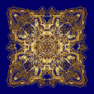 Retro desenli antika akanthus. Mavi arka planda altın rengi klasik barok mandala süsü. Vektör çizimi. Dekoratif tasarım unsuru filigran kaligrafi.