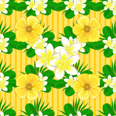 Sarı arka planda, pürüzsüz çiçek desenleri ve karışık tesisat çiçekleri var. Vektör illüstrasyonu.