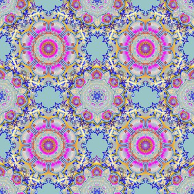 Yatak çarşafları, ceket, paket tasarımı, kumaş ve moda kavramları için doğu tekstil baskısı. Mavi arkaplan üzerinde soyut çiçekler ve yıldızlar olan çok renkli ızgaralar..