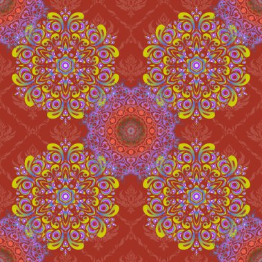 Ikat damaske desensiz arkaplan fayansı mavi ve mor renklerde.