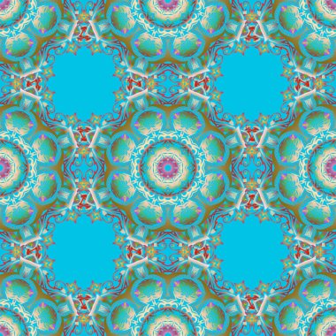 Dekoratif vektör çok renkli elementler, mavi arkaplan. Dekorasyon, kumaş veya tekstil için klasik dikişsiz desen.