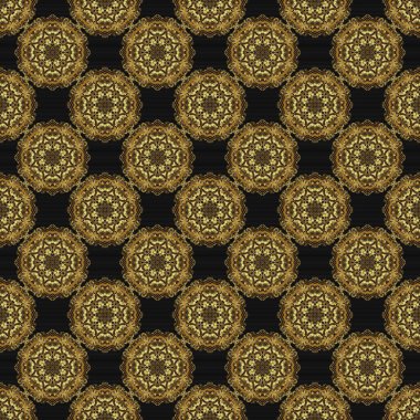 Yıldızlar kusursuz desenli altın ve siyah retro arka plan. Duvar kağıdı, Noel süsü, konfeti, tekstil, ambalaj için soyut parlak altın tasarım. Tatil sembolü.