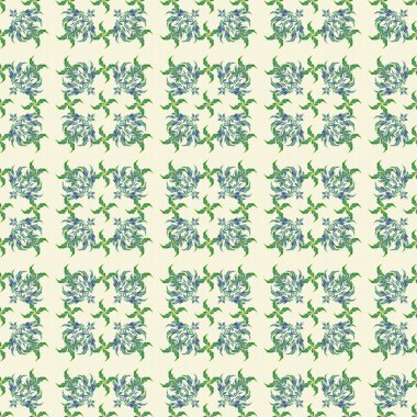 Yatak çarşafları, ceket, paket tasarımı, kumaş veya moda konseptleri için doğu tekstil baskısı. Raster menekşe ve yeşil şebeke, beyaz arkaplanda soyut elementlerle kusursuz desen.