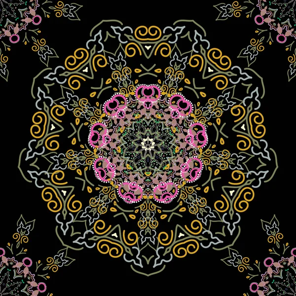 Vektorillustration Damast Sömlös Blommig Bakgrund Mönster Gröna Och Rosa Färger — Stock vektor