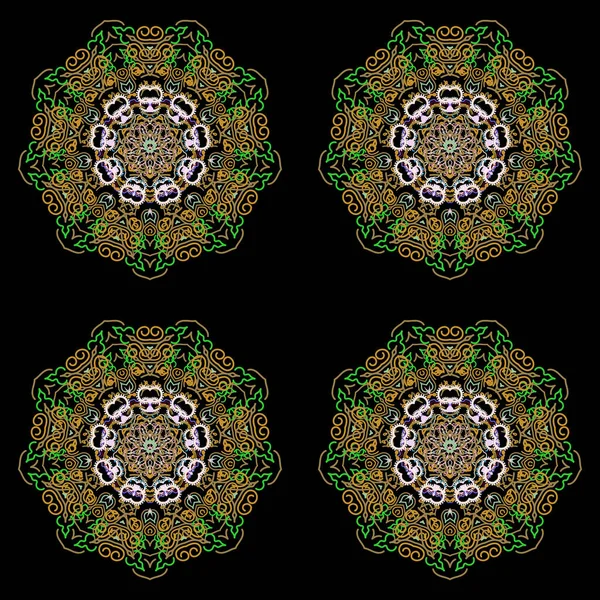 Bordure Ornementale Aux Couleurs Jaune Rose Sur Fond Noir Mandala — Image vectorielle