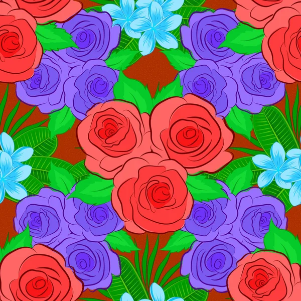 Векторний Безшовний Візерунок Стилізованими Зеленими Помаранчевими Фіолетовими Трояндами Квадратна Композиція — стоковий вектор