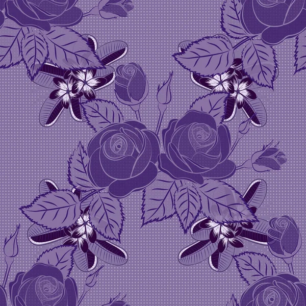 Seamless Pattern Cute Rose Flowers Green Leaves Purple Violet Brown — Stock Vector