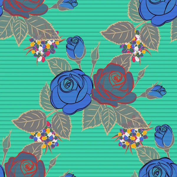 Kesişen kıvrımlı zarif gül çiçekleri, yapraklar ve parşömenler soyut çiçek süsü oluşturuyorlar. Klasik soyut vektör çiçek deseni yeşil, mavi ve gri renklerde.