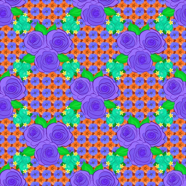 Vector Illustration Seamless Pattern Cute Rose Flowers Leaves Violet Orange — Stock Vector