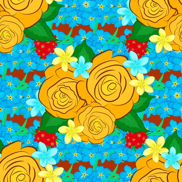 ベクトルイラスト 装飾的なバラの花と緑の葉と緑 黄色と青の色で民族の花シームレスなパターン — ストックベクタ