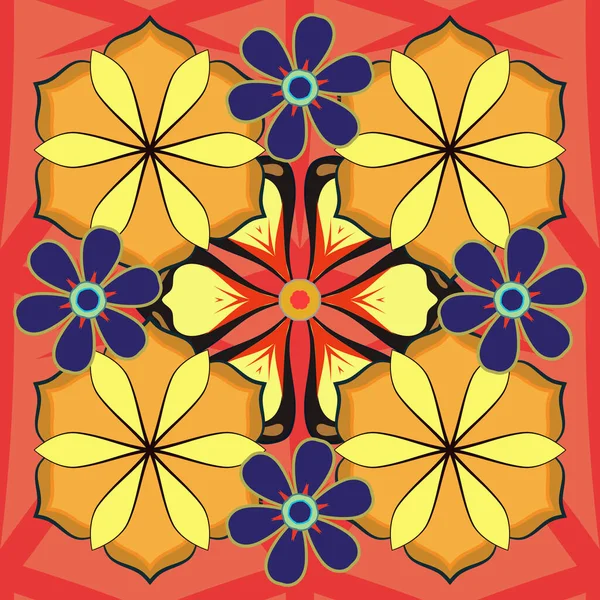 Ditsy Floralen Stil Roten Orangen Und Gelben Farben Raster Illustration — Stockvektor