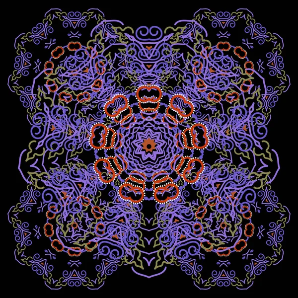 Мандала Стилі Дамаск Класичний Шпалери Помаранчевий Фіолетовий Чорному Тлі Орнаментальний — стоковий вектор