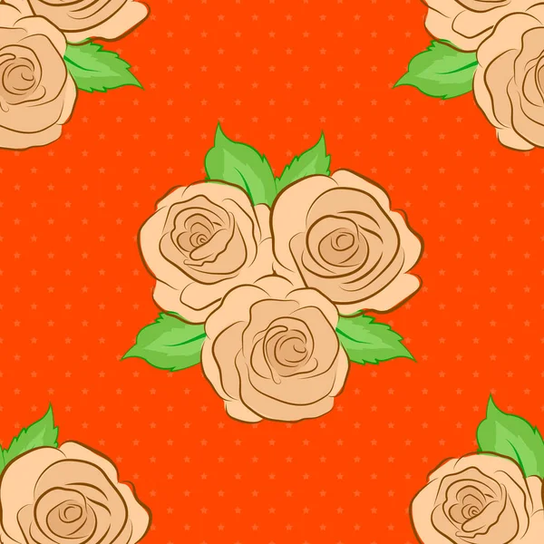 Vektorillustration Nahtloses Blumenmuster Mit Stilisierten Rosenblüten Und Grünen Blättern Orange — Stockvektor