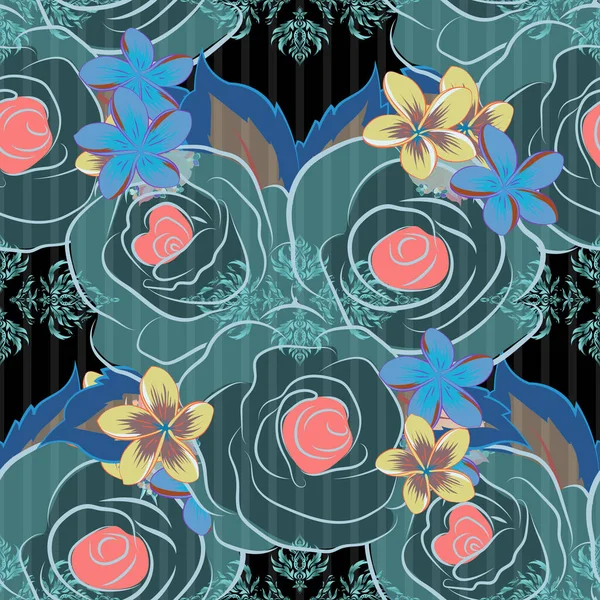 Nahtloses Handgezeichnetes Vektorrosenblütenmuster Schwarzen Rosa Und Blauen Farben — Stockvektor