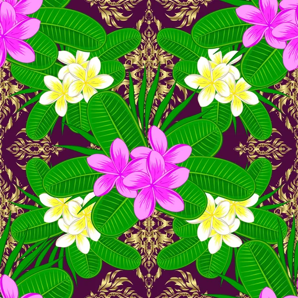 Plumeria Kwiaty Bezszwowy Wzór Kolorze Zielonym Fioletowym Różowym Cute Wektor — Wektor stockowy