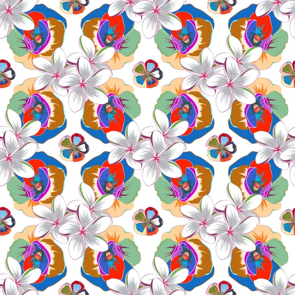 Tropikalny Bezszwowy Wzór Wieloma Kwiatami Abstrakcyjnymi Zmiennobarwna Ilustracja — Wektor stockowy