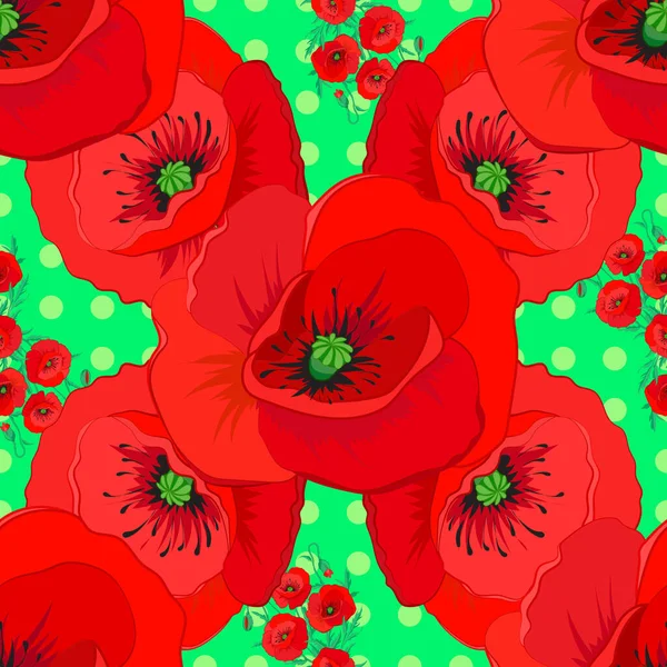 Vector Poppy Flower Seamless Pattern Green Background — Stock Vector