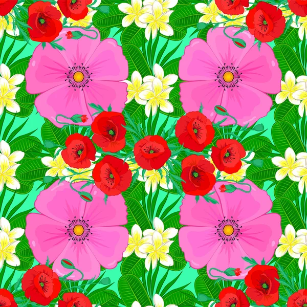 手描きの花イラスト 抽象的な花の背景 緑の背景に抽象的な色の花とベクトルスケッチ — ストックベクタ