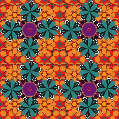 Güzel iz. Zarif raster klasik kusursuz desen. Turuncu, kırmızı ve kahverengi tekrarlayan elementlerle kusursuz soyut doku.