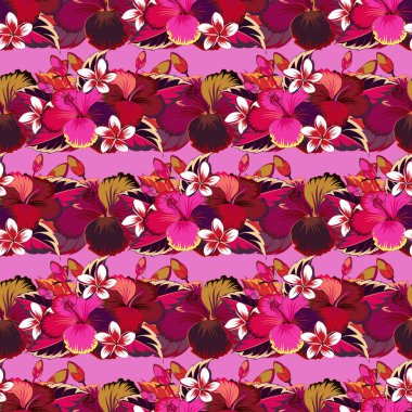 Aloha Hawai gömlek vektörü pürüzsüz Hibiscus deseni mor, kırmızı ve pembe renklerle.